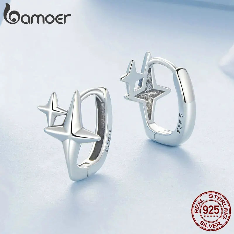 BAMOER Solid 925 Sterling Silver Starlight Hoop Earrings for Women Star Huggie Earrings Hoop BSE1076