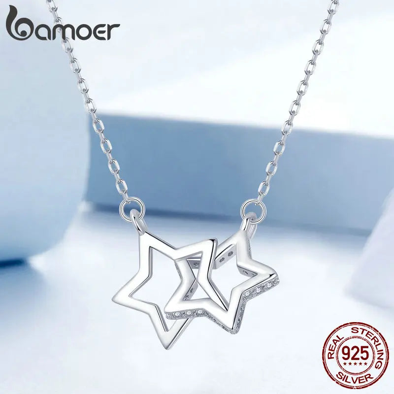 BAMOER 2024 New Solid 925 Sterling Silver Connected Star/Heart/Cat Pendant Necklace for Women Valentine's Day Gift Fine Jewelry