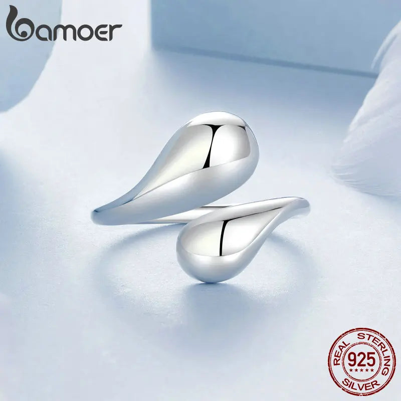 BAMOER 925 Sterling Silver Chunky Adjustable Water Droplet Rings Handmade High Polished Thumb Band Statement Ring for Women Girl