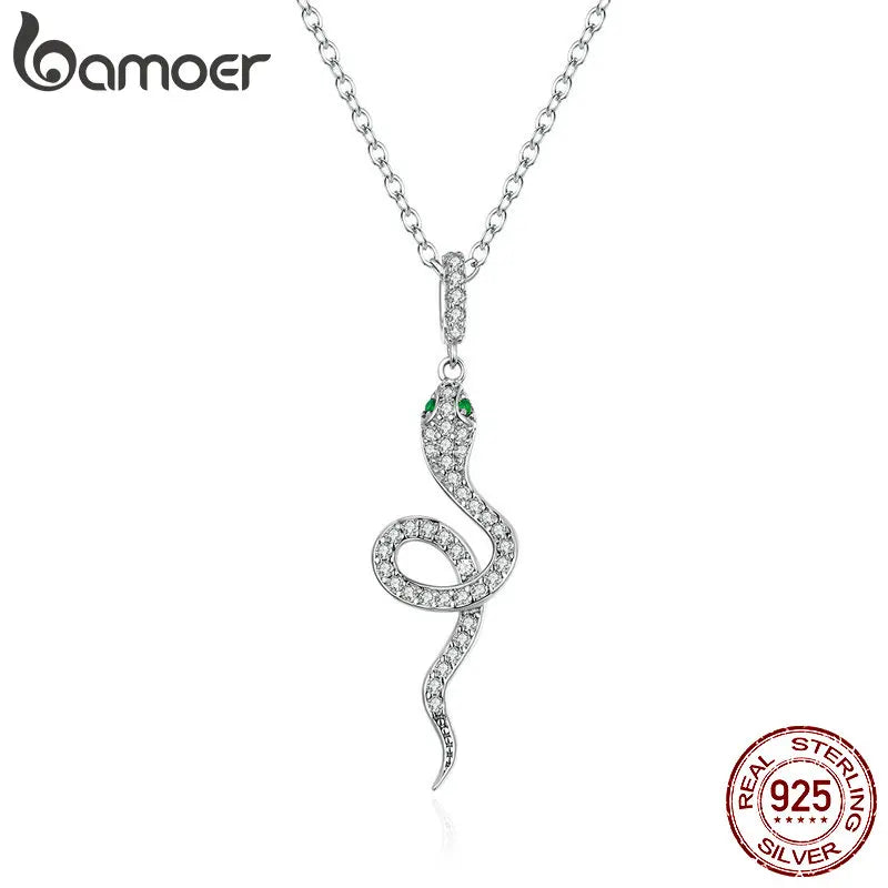 BAMOER 925 Sterling Silver Snake Pendant Necklace Pave Setting CZ for Women Adjustable Chain Link Fine Jewelry Party Gift