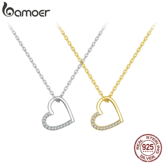 BAMOER Genuine 925 Sterling Silver The shape of love Chain Necklace for Women, Godl Plated Heart Necklace 3 Color 18.11''