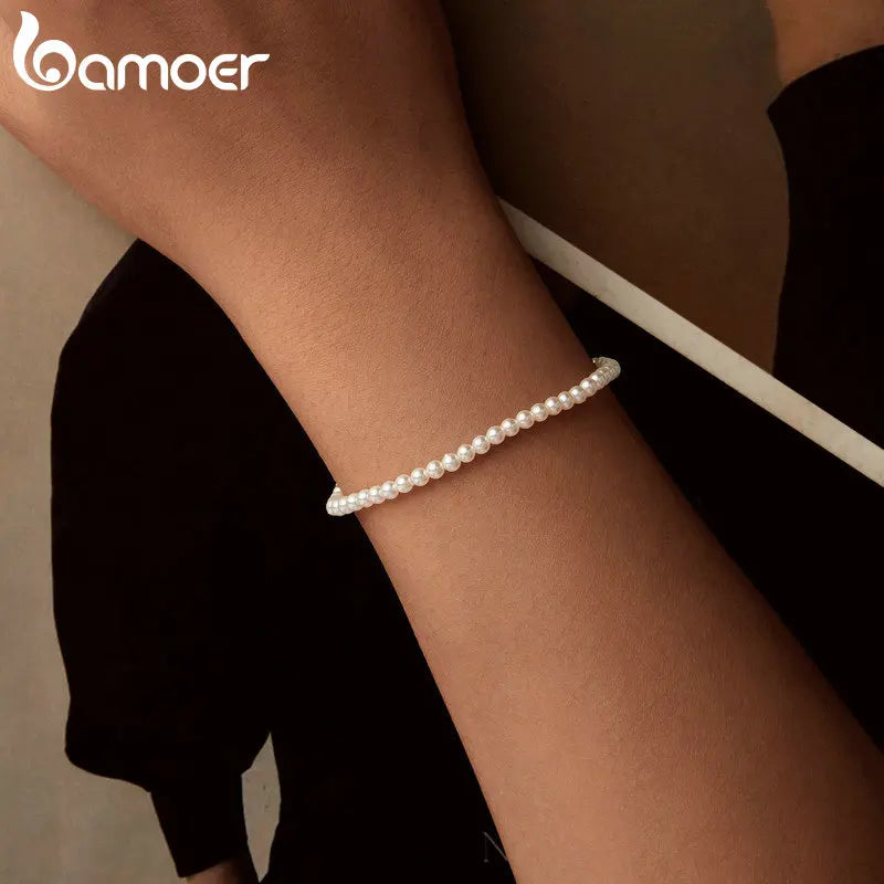 BAMOER Pearl Bracelet for Women Shell Pearl Beaded Bracelet, 925 Sterling Silver Australian South Sea Pearl Bracelet Jewelry