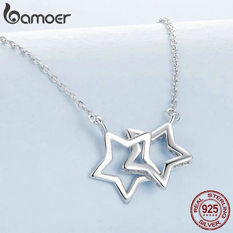 BAMOER 2024 New Solid 925 Sterling Silver Connected Star/Heart/Cat Pendant Necklace for Women Valentine's Day Gift Fine Jewelry