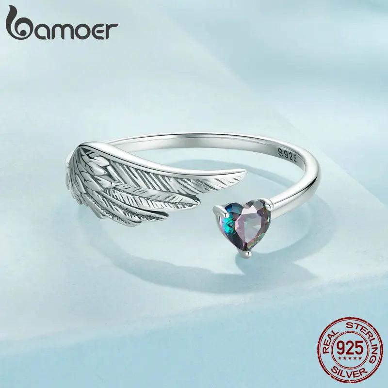 BAMOER Genuine 925 Sterling Silver Wing & Heart Open Ring for Women Protection Finger Ring Fine Jewelry Birthday Gift SCR1070-E