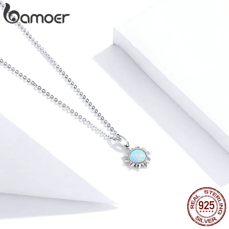 Bamoer 925 Sterling Silver White Opal Sun Pendant Necklace Apollo Chain Necklaces for Women Birthday Gift  Jewelry 17.71''