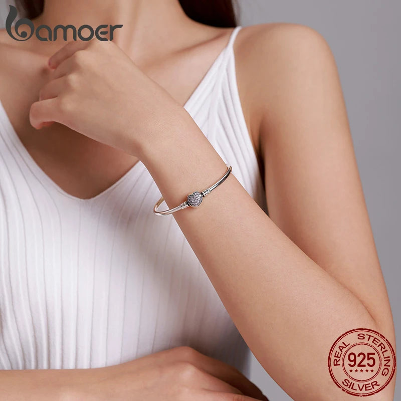 BAMOER 925 Sterling Silver Snake Chain Bangle & Bracelet Pave Setting CZ for Women Pendant Charm Bead DIY Luxury Jewelry PAS904