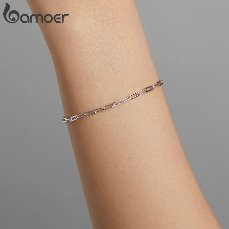 BAMOER Real 925 Sterling Silver Simple Bracelet Gold Basic Cable Chain Hollow Link for Women Fashion Jewelry Two Colors SCB221