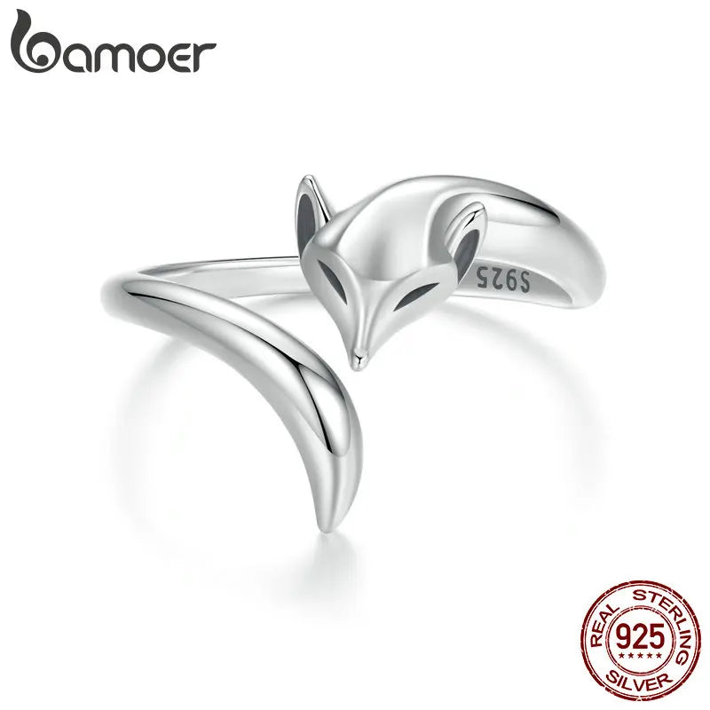 BAMOER Solid 925 Sterling Silver Fox Ring for Women, Animal Fox Tail Adjustable Open Ring Jewelry Gifts for Foxes Lovers SCR1066