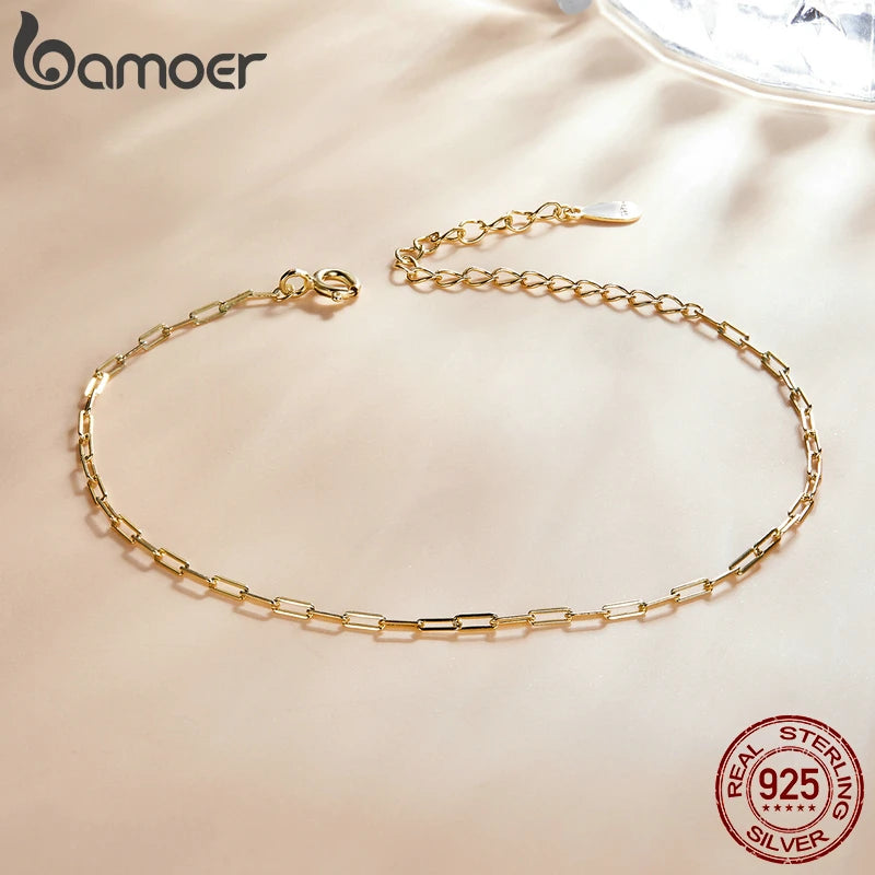 BAMOER Real 925 Sterling Silver Simple Bracelet Gold Basic Cable Chain Hollow Link for Women Fashion Jewelry Two Colors SCB221