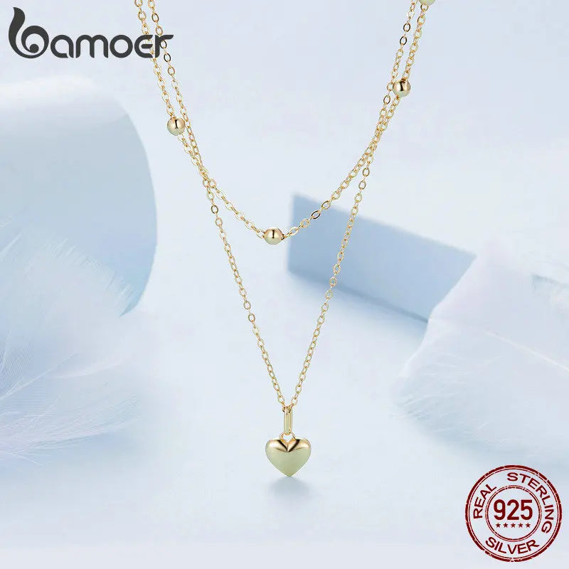 BAMOER 925 Sterling Silver Heart Pendant Necklace for Women Gold Double Layer Choker Female Fine Jewelry BSN168