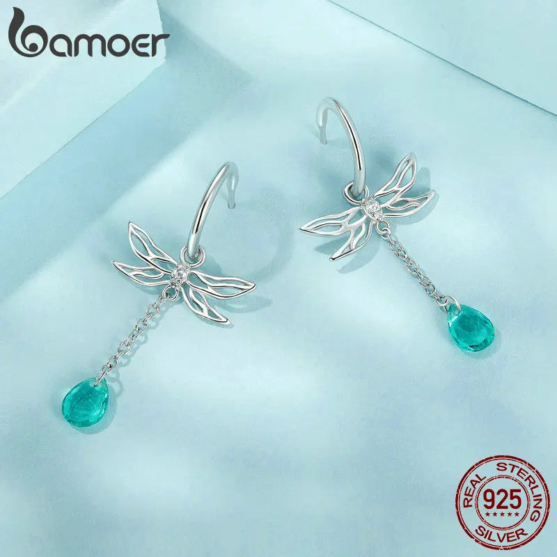 BAMOER 925 Sterling Silver Dragonfly Dangle Earrings, Tassel Tail adorned with Green Stones Studs Earrings for Teen Girls Women