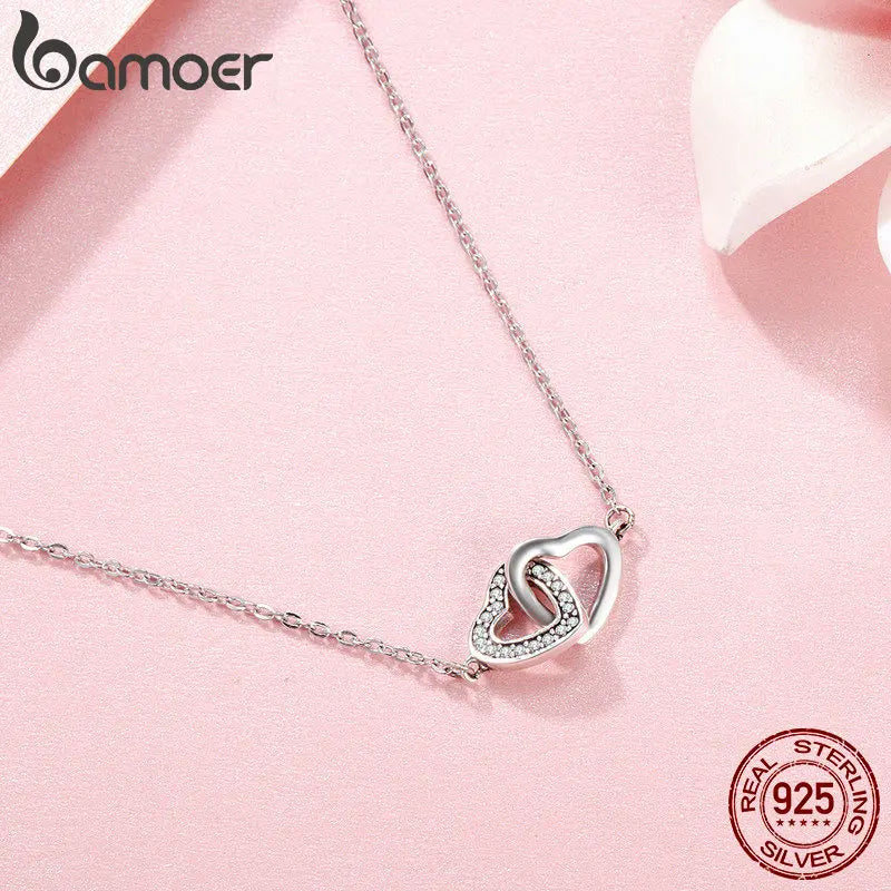 BAMOER 925 Sterling Silver Connected Heart Pendant Necklace for Girlfriend Valentine's Day Gift Fine Jewelry SCN181