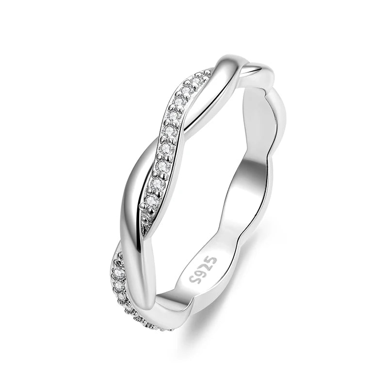 BAMOER 925 Sterling Silver Simple Twisted Ring 14K Gold Plated Cubic Zirconia Eternity Band for Women 3 Colors BSR248