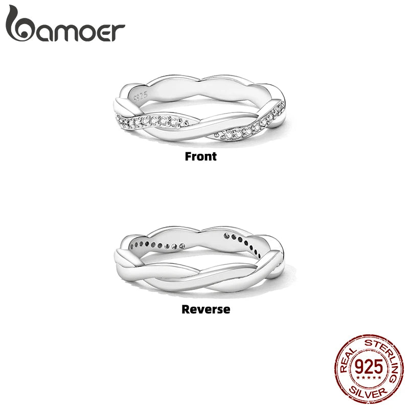 BAMOER 925 Sterling Silver Simple Twisted Ring 14K Gold Plated Cubic Zirconia Eternity Band for Women 3 Colors BSR248