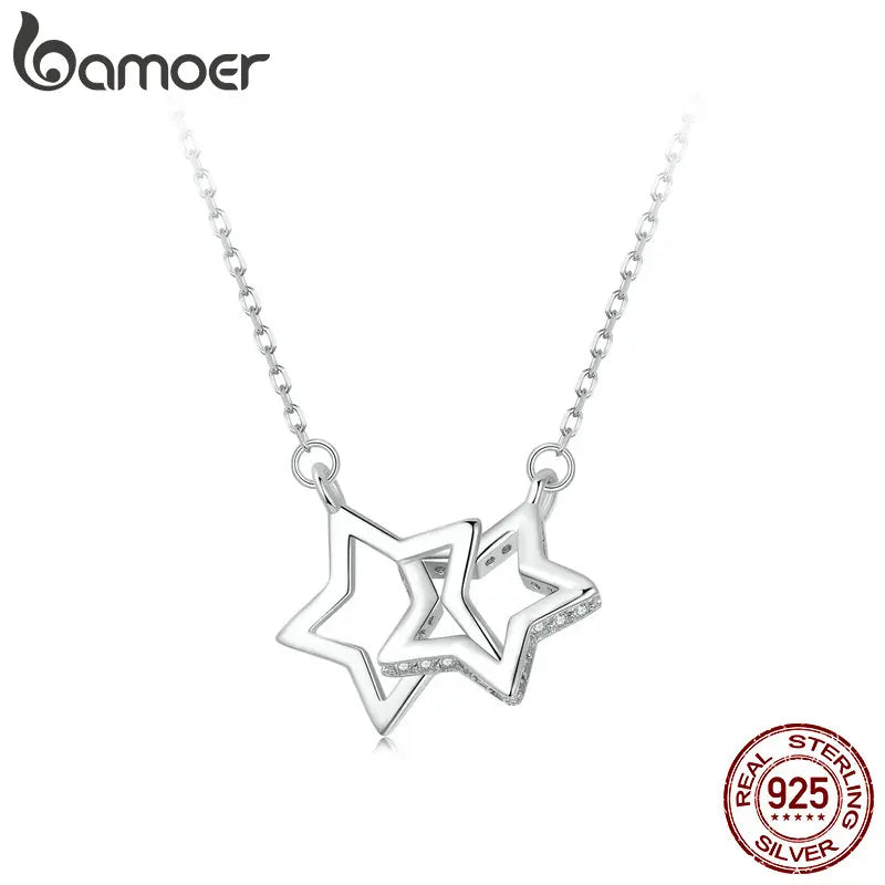 BAMOER 2024 New Solid 925 Sterling Silver Connected Star/Heart/Cat Pendant Necklace for Women Valentine's Day Gift Fine Jewelry