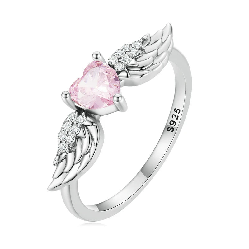 BAMOER 925 Sterling Silver Angel Wing Ring for Women Fine Jewelry Pink Heart Zircon Eternity Band Ring Wedding Gift SCR874