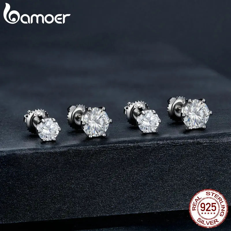 BAMOER Classic Moissanite Stud Earrings, S925 Silver D Color Brilliant Round Cut Lab Created Diamond Wedding Engagement Earrings