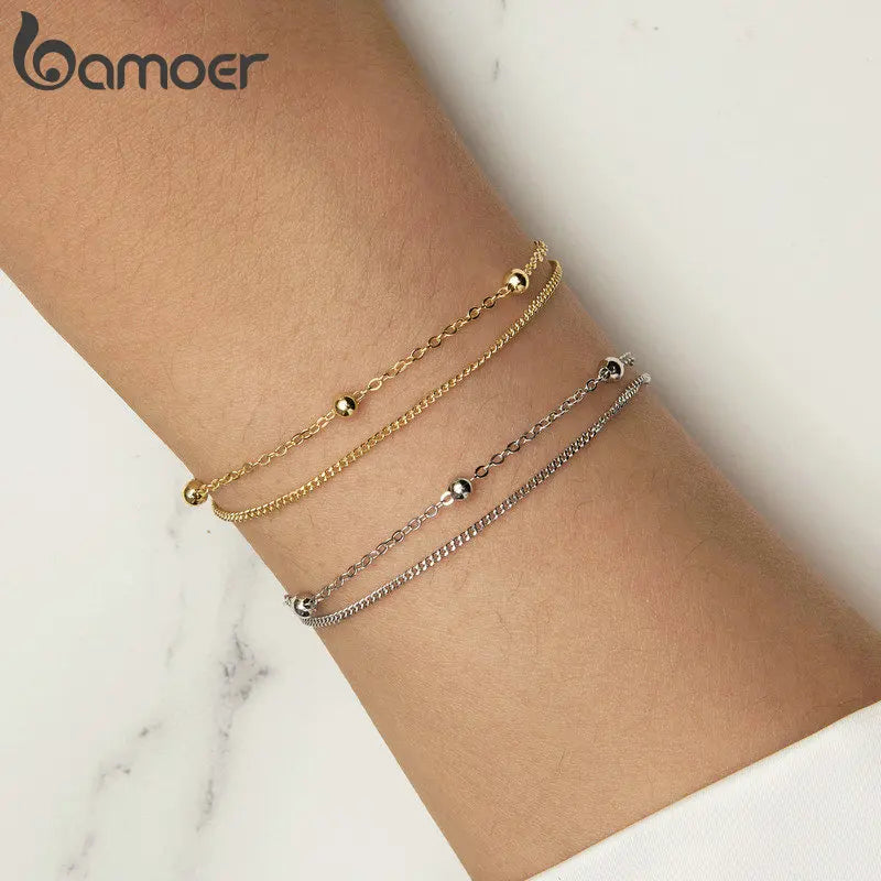 BAMOER 925 Silver Chain Bracelet Double Layers Round Beads Link Chain Bracelets Women 7.48'' Adjustable 14K Gold Plated Jewelry