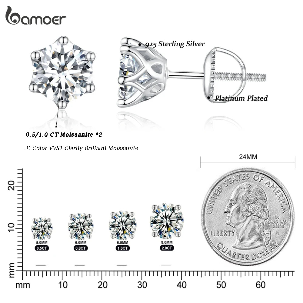 BAMOER Classic Moissanite Stud Earrings, S925 Silver D Color Brilliant Round Cut Lab Created Diamond Wedding Engagement Earrings