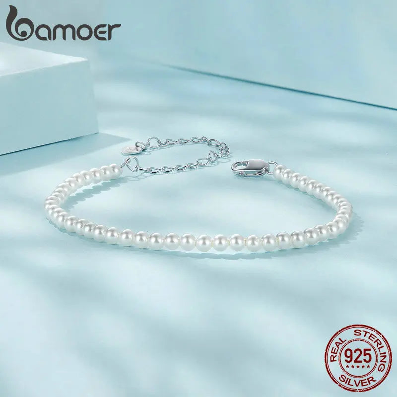 BAMOER Pearl Bracelet for Women Shell Pearl Beaded Bracelet, 925 Sterling Silver Australian South Sea Pearl Bracelet Jewelry