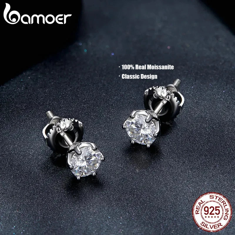 BAMOER Classic Moissanite Stud Earrings, S925 Silver D Color Brilliant Round Cut Lab Created Diamond Wedding Engagement Earrings